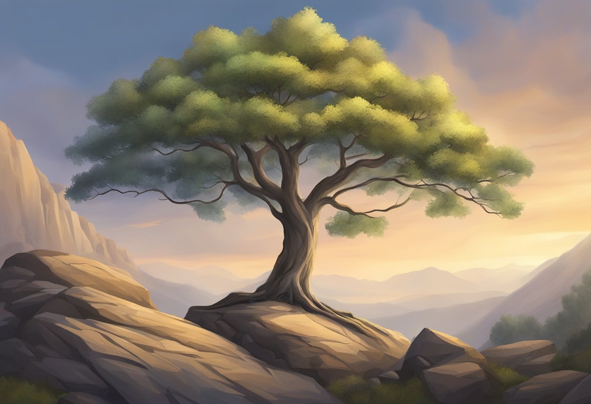 A lone tree stands strong amidst a rocky landscape, with a serene and balanced atmosphere