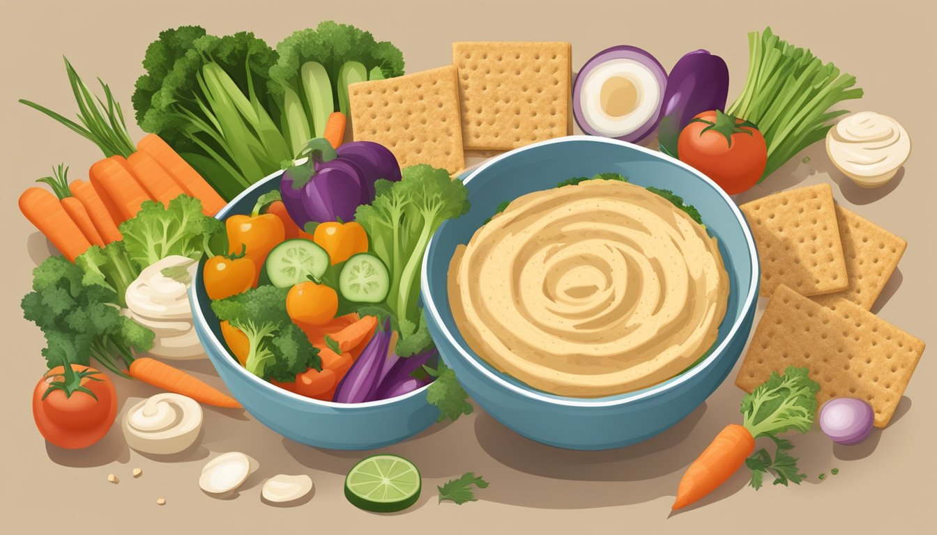 A bowl of hummus surrounded by fresh vegetables and whole grain crackers, with a nutrition label and a diabetes-friendly symbol