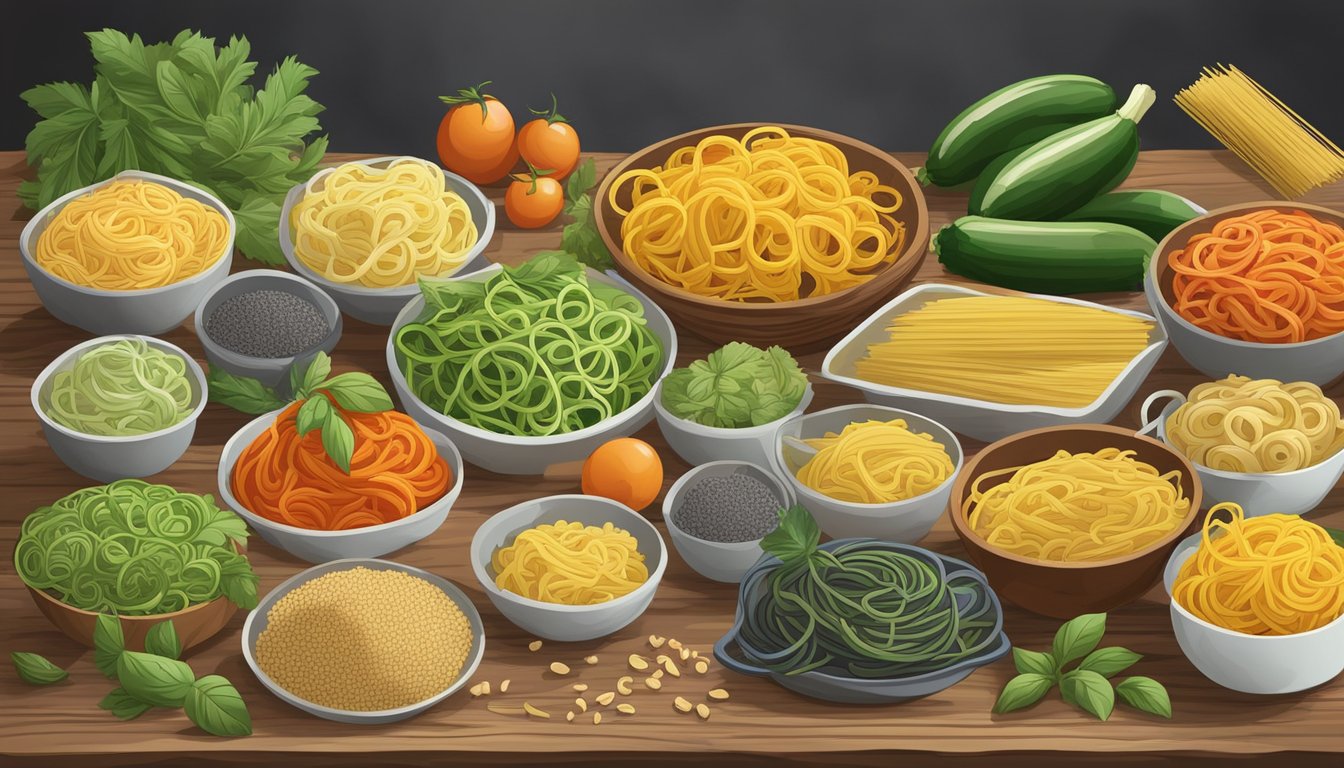 A colorful array of gluten-free pasta alternatives and ingredients, including zucchini noodles, lentil pasta, and quinoa spaghetti, arranged on a rustic wooden table