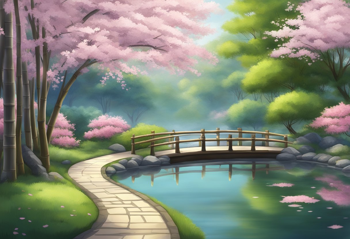 A serene garden with a stone path winding through bamboo and cherry blossom trees, with a tranquil pond reflecting the surrounding nature
