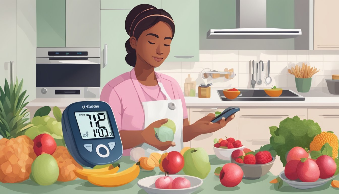 A person with diabetes holding a lychee fruit while surrounded by various healthy food options and a blood sugar monitor on a kitchen counter