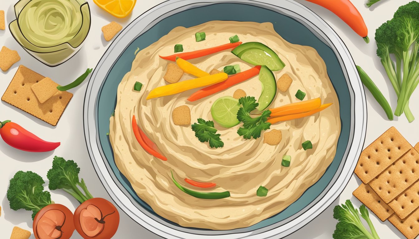 A bowl of hummus surrounded by colorful, sliced vegetables and whole grain crackers