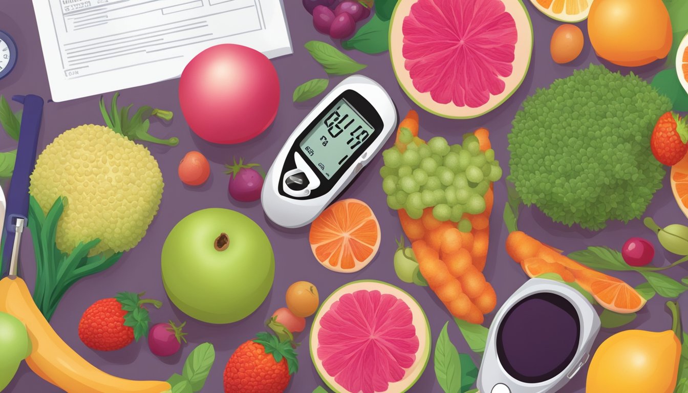 A lychee fruit surrounded by a variety of colorful fruits and vegetables, with a nutrition label and a person with a diabetes monitoring device in the background