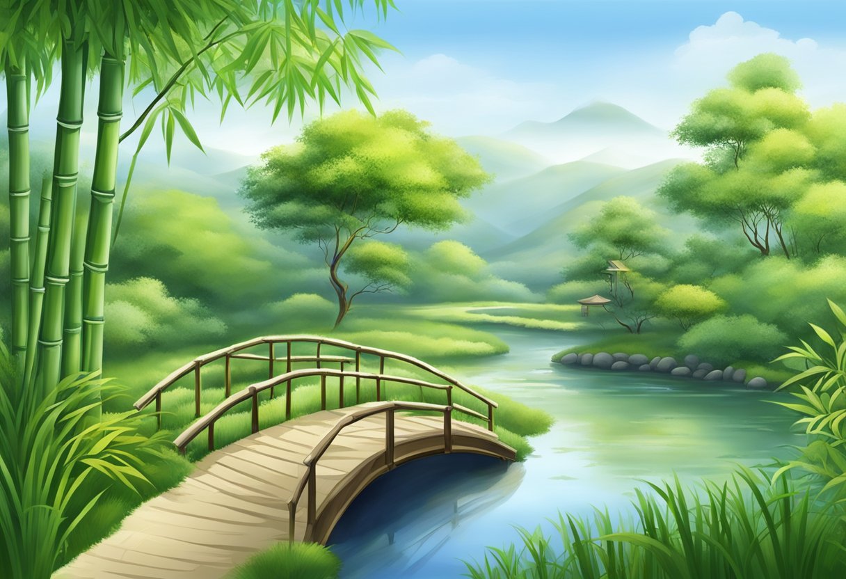 A serene garden with a winding path, bamboo trees, and a tranquil pond, embodying the peaceful and harmonious principles of Taoism