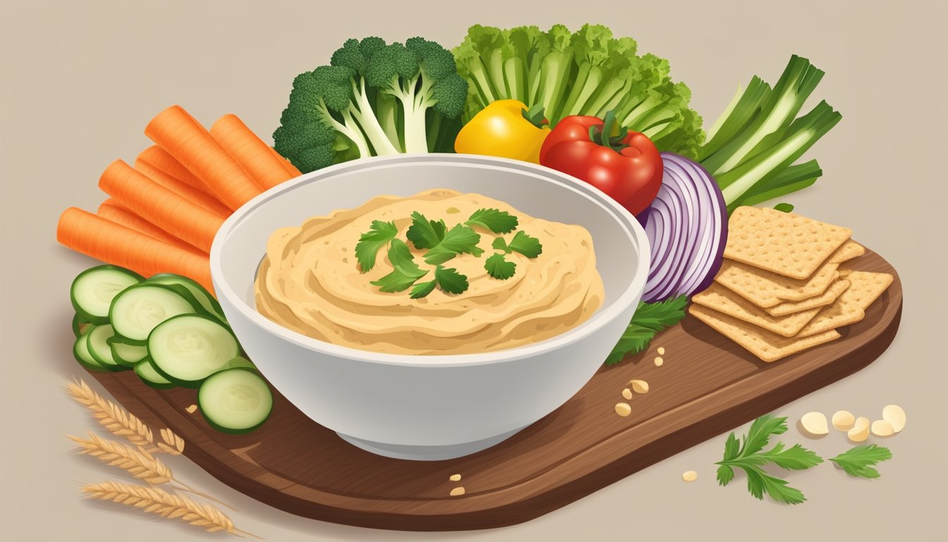 A bowl of hummus surrounded by sliced vegetables and whole grain crackers on a wooden cutting board