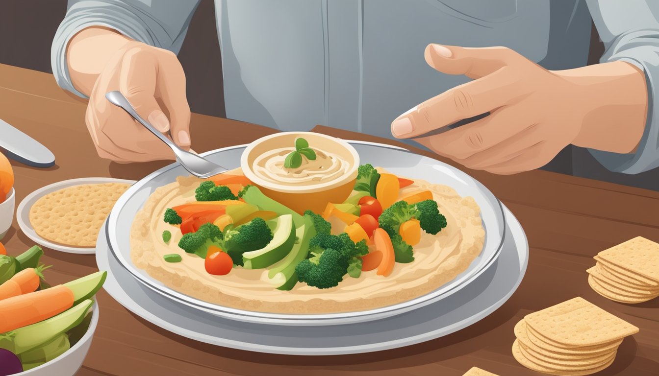 A person with diabetes enjoying a plate of hummus with fresh vegetables and whole grain crackers, emphasizing balanced and nutritious food choices for optimal health