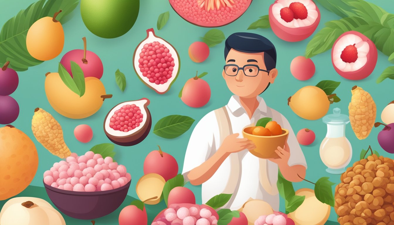 A diabetic person enjoying a lychee fruit while surrounded by healthy food options