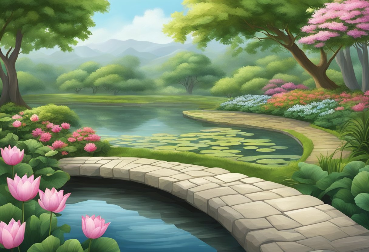 A serene garden with a stone pathway winding through lush greenery, leading to a tranquil pond surrounded by blooming lotus flowers