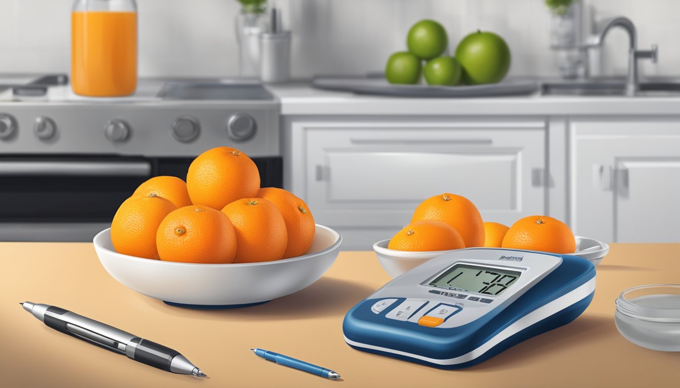 A bowl of mandarin oranges next to a glucometer and insulin pen on a kitchen counter