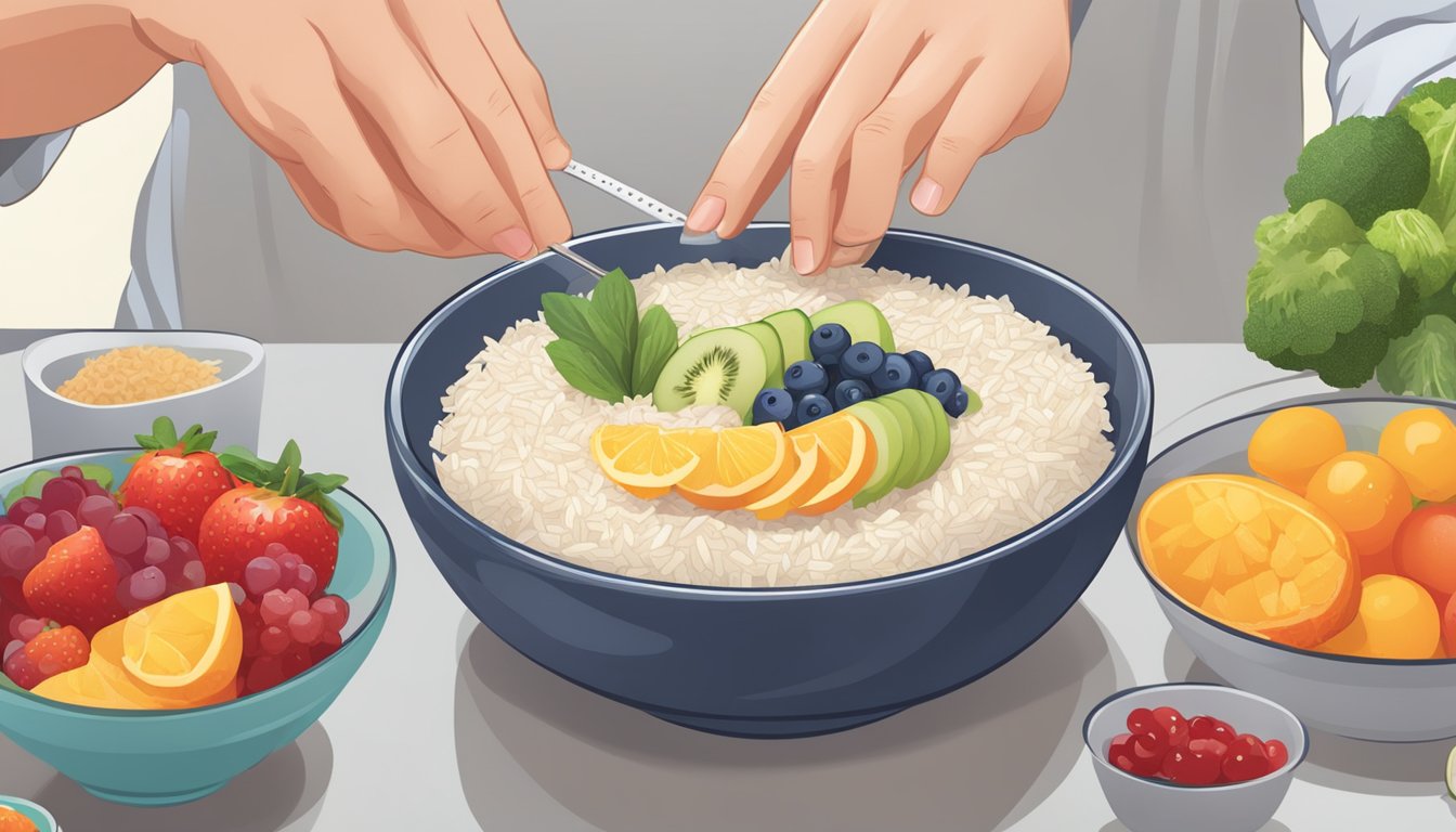 A person with diabetes reaching for a bowl of instant flavored rice, surrounded by fresh fruits, vegetables, and a blood glucose monitor