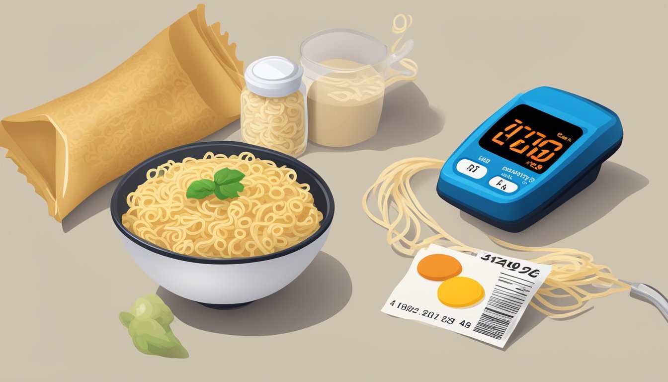 An open packet of instant noodles next to a nutrition label and a blood glucose monitor