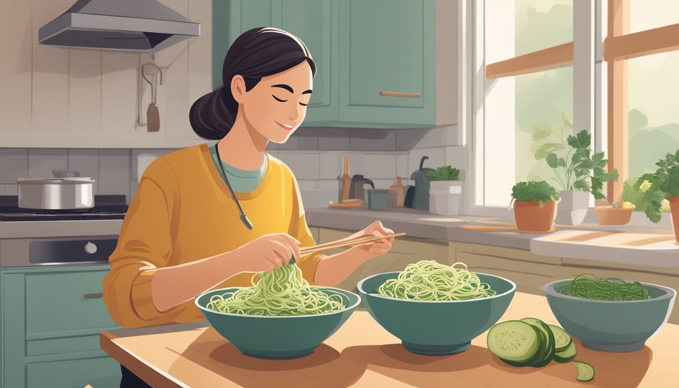 A person with diabetes enjoying a bowl of healthier noodle alternatives, such as zucchini noodles or shirataki noodles, in a cozy kitchen setting