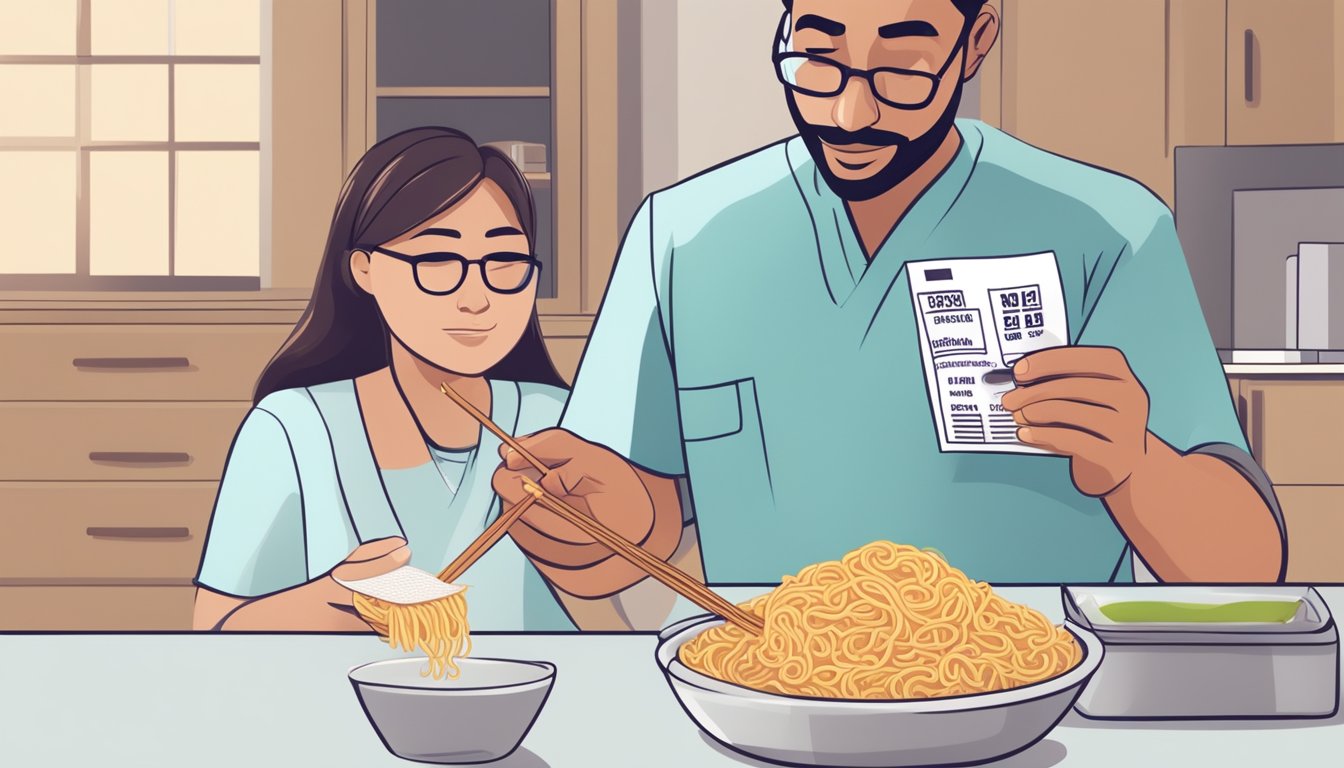 A person with diabetes carefully reading the nutrition label on a package of instant noodles, while a doctor advises them on the potential risks