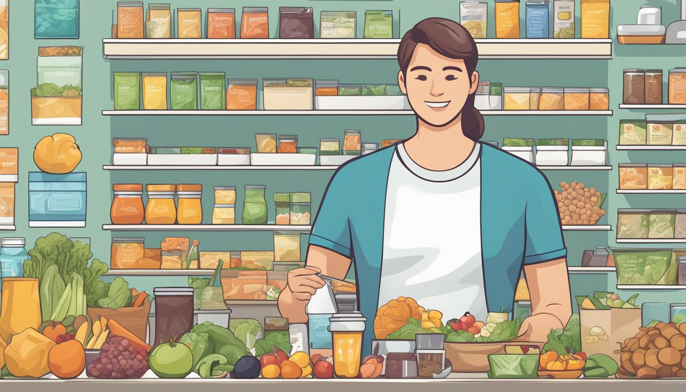 A person with diabetes holding a meal replacement bar while surrounded by various healthy food options and a nutritional label