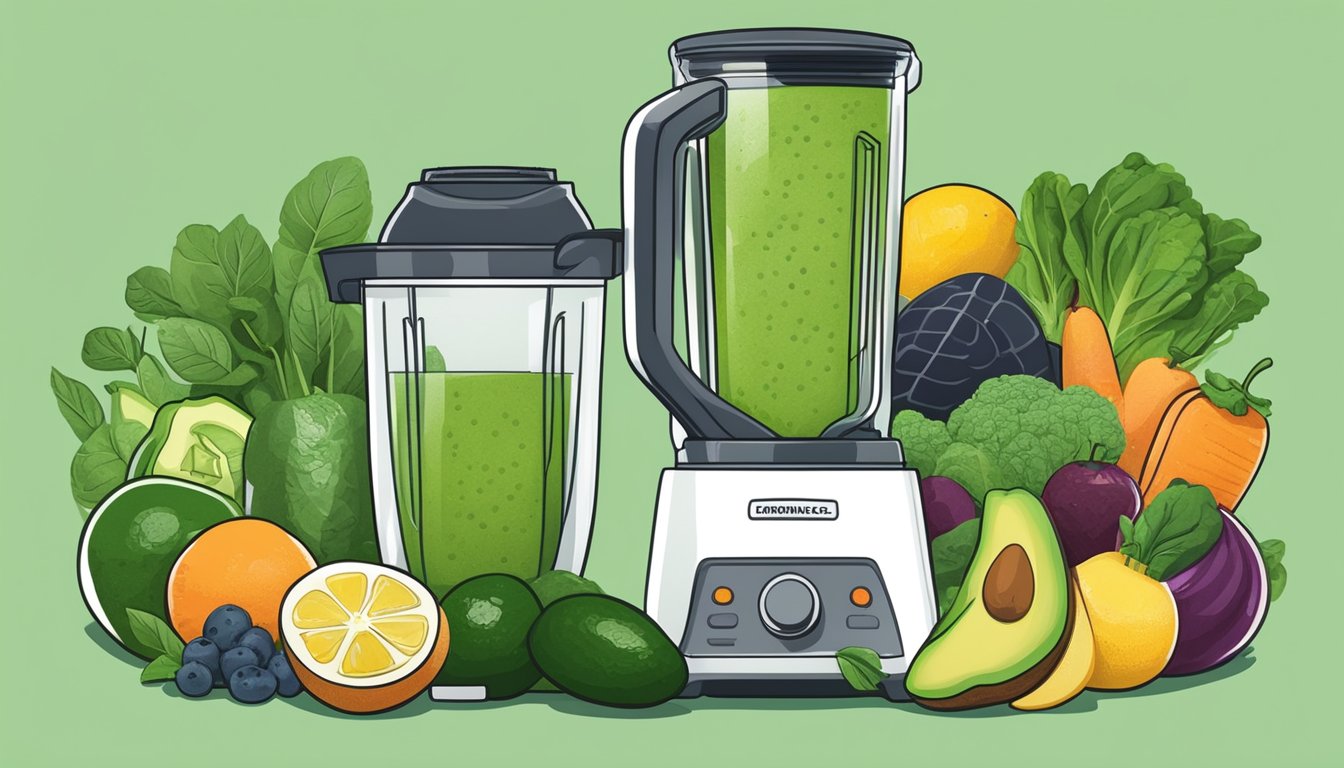 A person adding spinach and avocado to a blender full of fruits and vegetables, creating a green smoothie