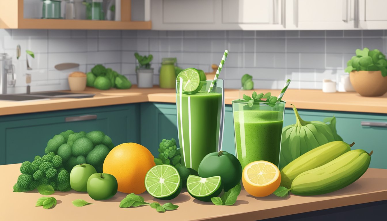 A variety of fresh green fruits and vegetables arranged on a kitchen counter, with a blender and a glass of green smoothie