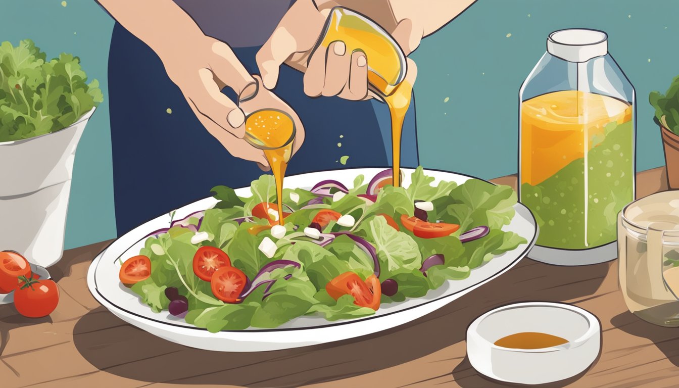 A person with diabetes pouring Italian dressing over a salad