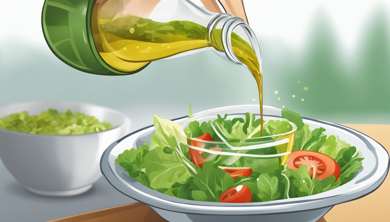 A bowl of fresh salad greens with a drizzle of Italian dressing being poured over them from a small glass bottle