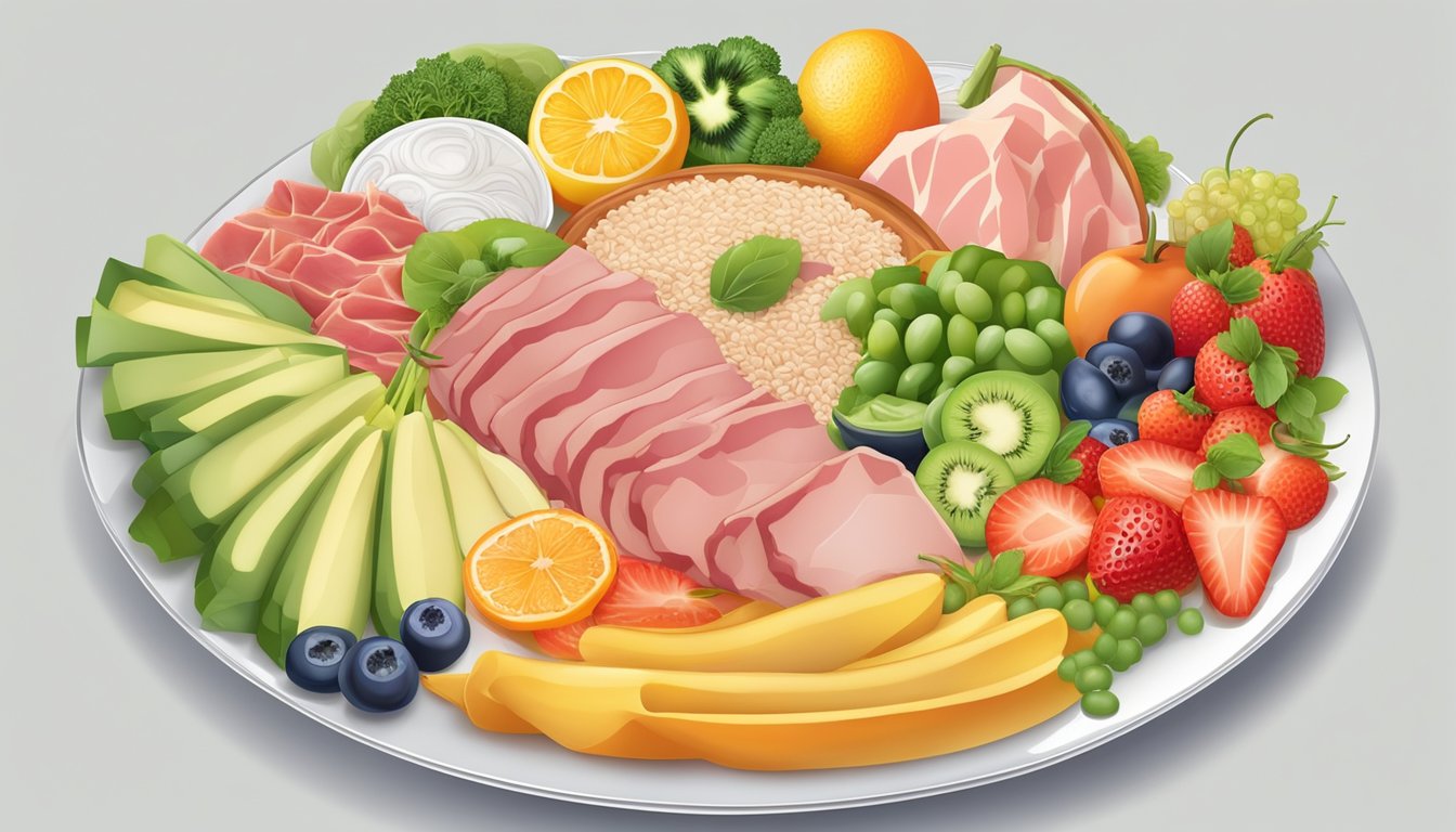 A plate with a variety of colorful and nutritious foods, including lean ham, whole grains, vegetables, and fruits, arranged in an appealing and balanced manner