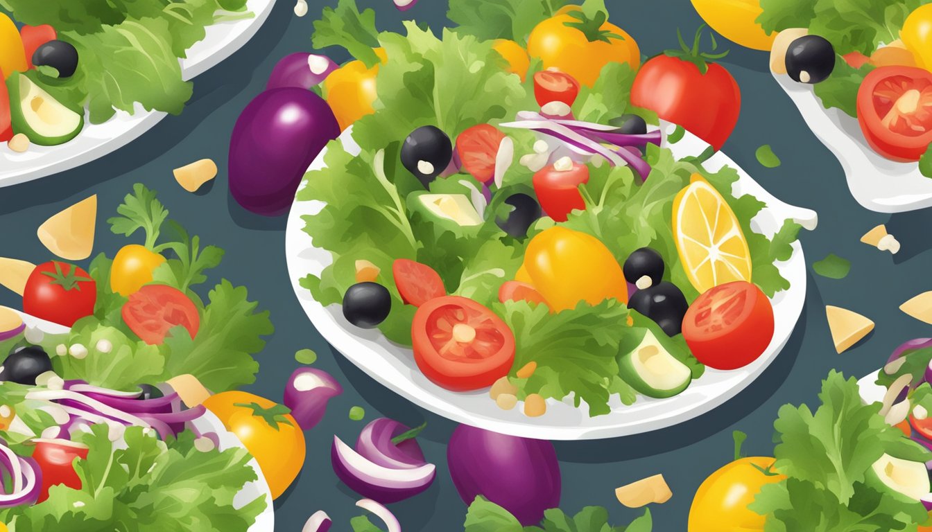 A colorful salad with fresh vegetables being drizzled with Italian dressing