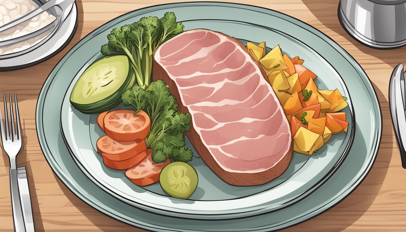 A diabetic-friendly meal with a plate of ham, vegetables, and a measuring tape