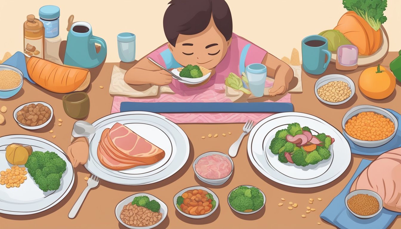 A diabetic person enjoying a balanced meal with ham, vegetables, and whole grains on a plate, while engaging in physical activity