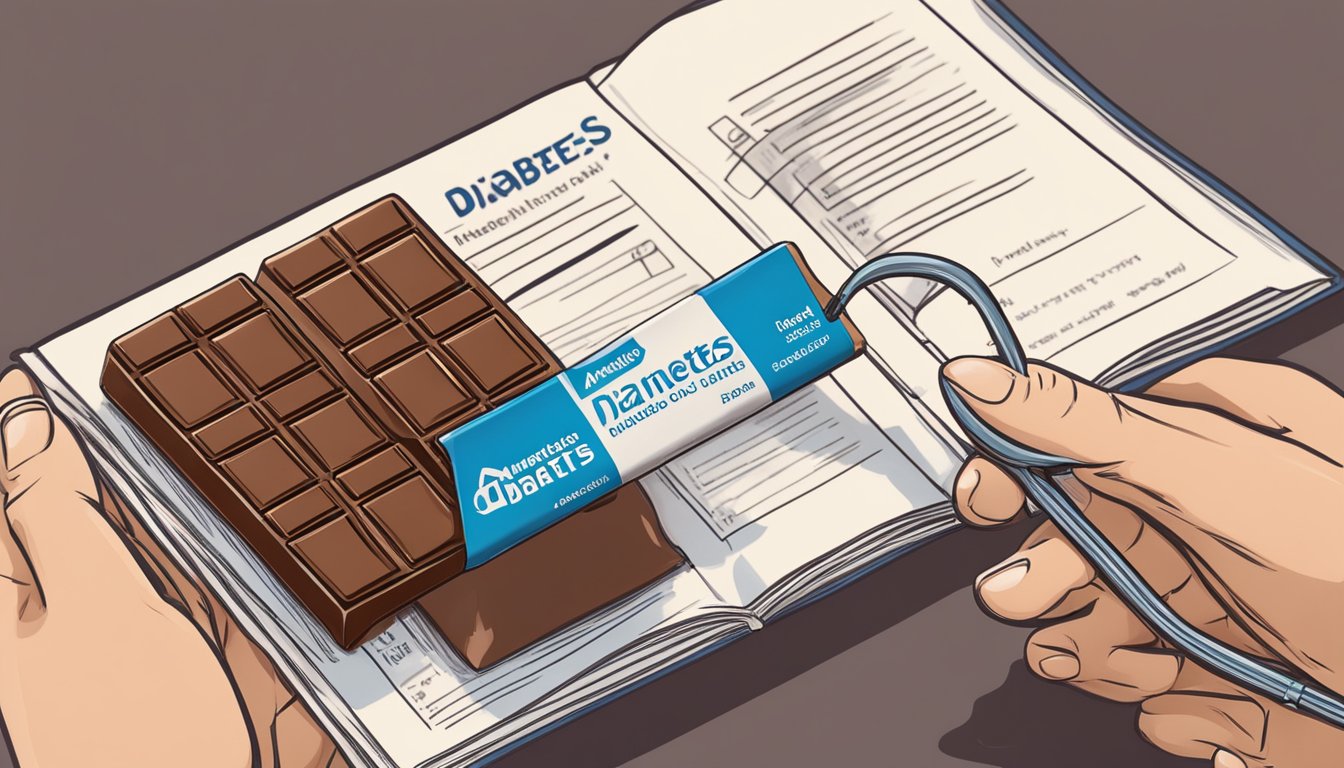 A person with diabetes holding a milk chocolate bar while reading information from the American Diabetes Association website