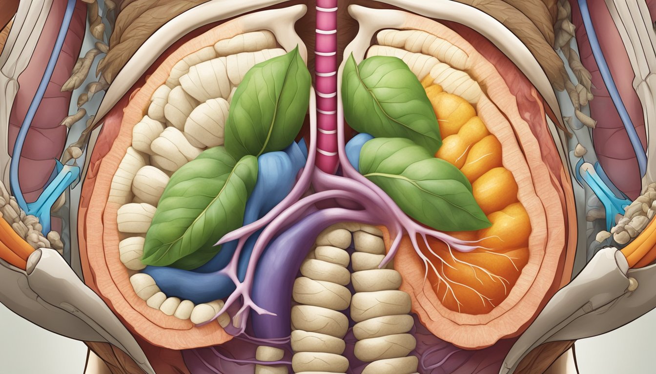 A colorful illustration of jicama being digested in the stomach, with arrows pointing to the digestive system