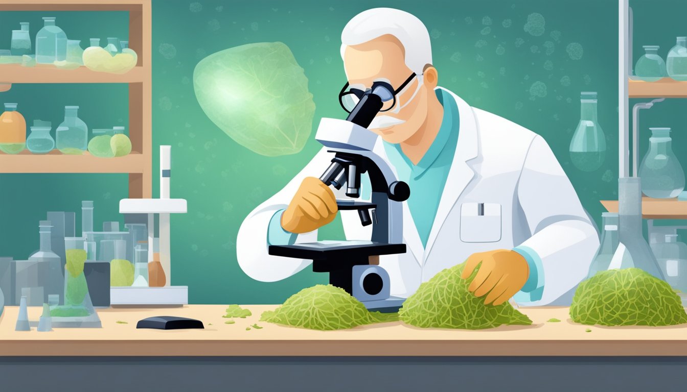 A scientist carefully examines a jicama root under a microscope in a laboratory setting