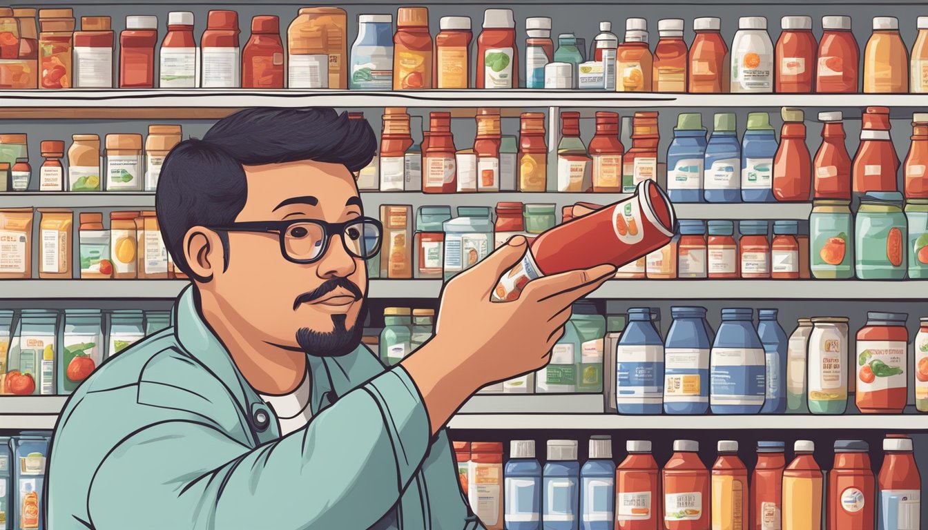 A person with diabetes holding a bottle of ketchup while reading a nutrition label on a food item