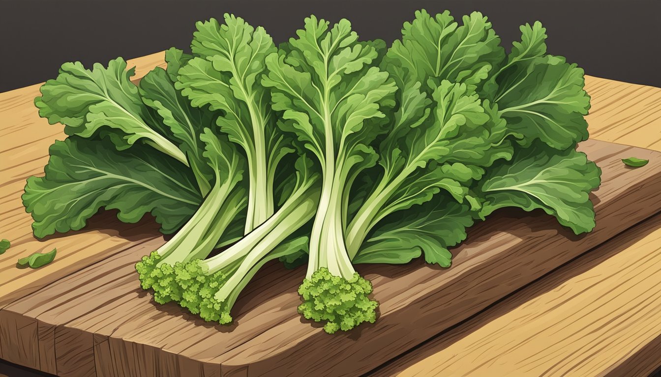 A colorful bunch of mustard greens arranged on a wooden cutting board