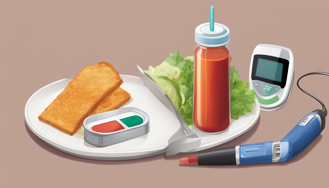 A plate with measured portions of food, including a small amount of ketchup next to a glucometer and insulin pen