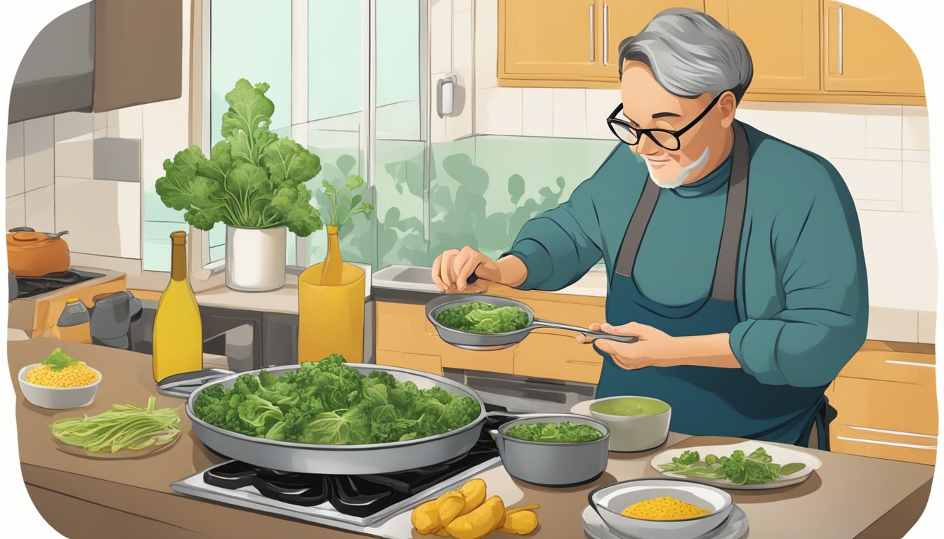 A person with diabetes cooking and enjoying a meal with mustard greens as part of their diabetes management