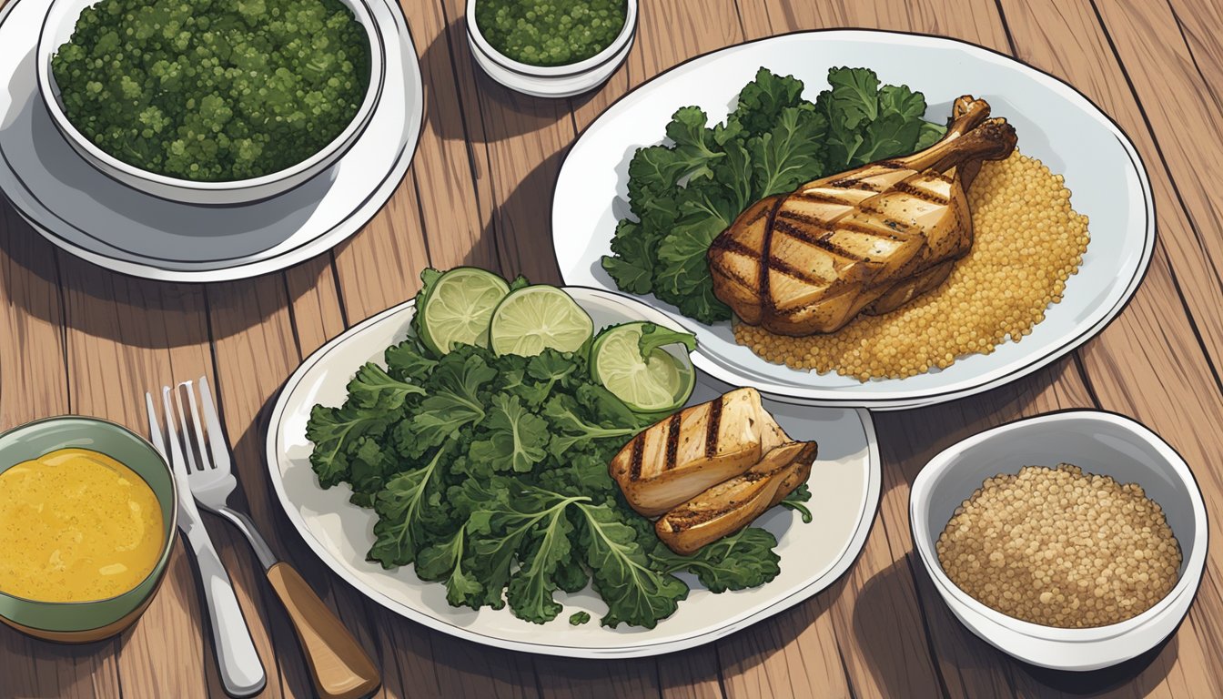 A bowl of cooked mustard greens next to a plate of grilled chicken and a side of quinoa, all arranged on a wooden table