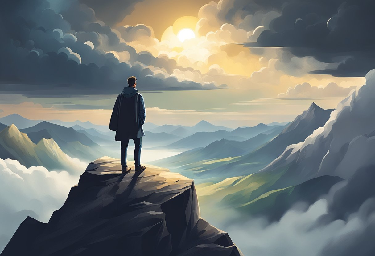 A person standing on a mountain peak, looking out at a vast landscape with a mix of dark storm clouds and bright sunlight, symbolizing the emotional journey of overcoming financial guilt and shame