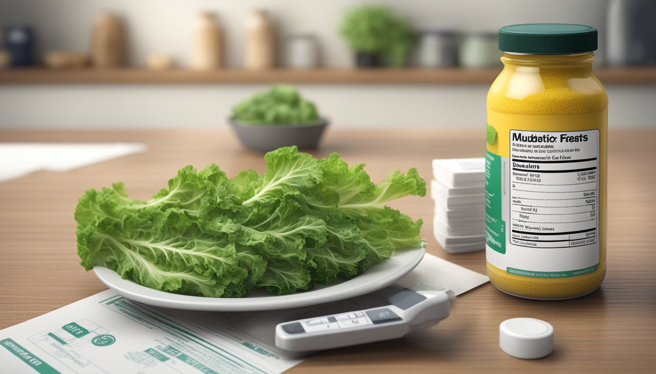 A plate of mustard greens next to a nutrition label, with a diabetic testing kit in the background