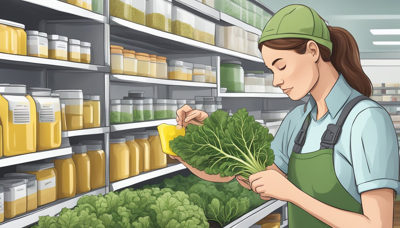 A person with diabetes is carefully reading the label on a bunch of mustard greens, checking for safety and allergy information