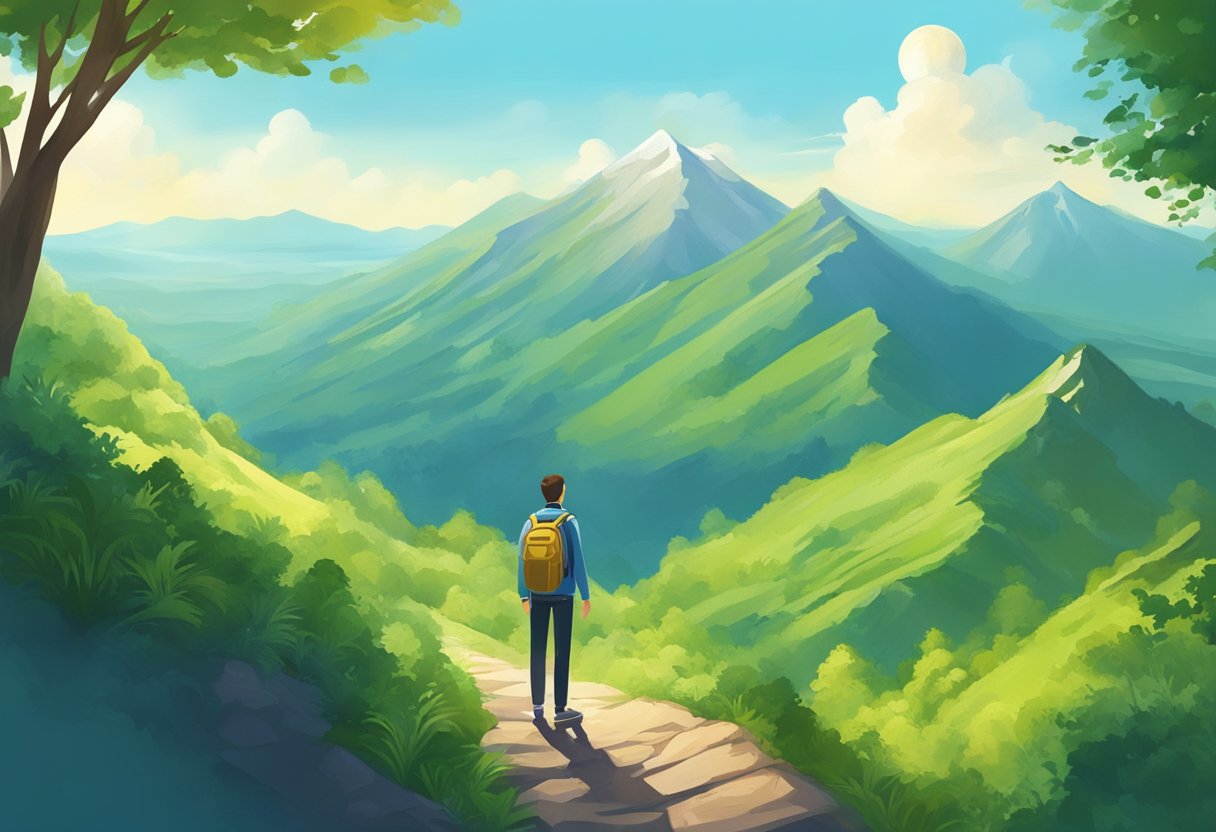 A person standing confidently on top of a mountain, surrounded by lush greenery and a clear blue sky, with a path leading towards a bright and prosperous future