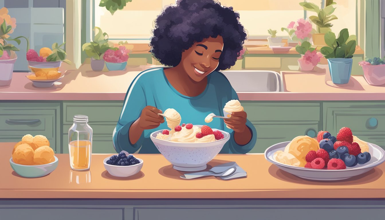 A person with diabetes enjoys a bowl of sugar-free ice cream topped with fresh berries, while a cookbook of homemade recipes sits open nearby