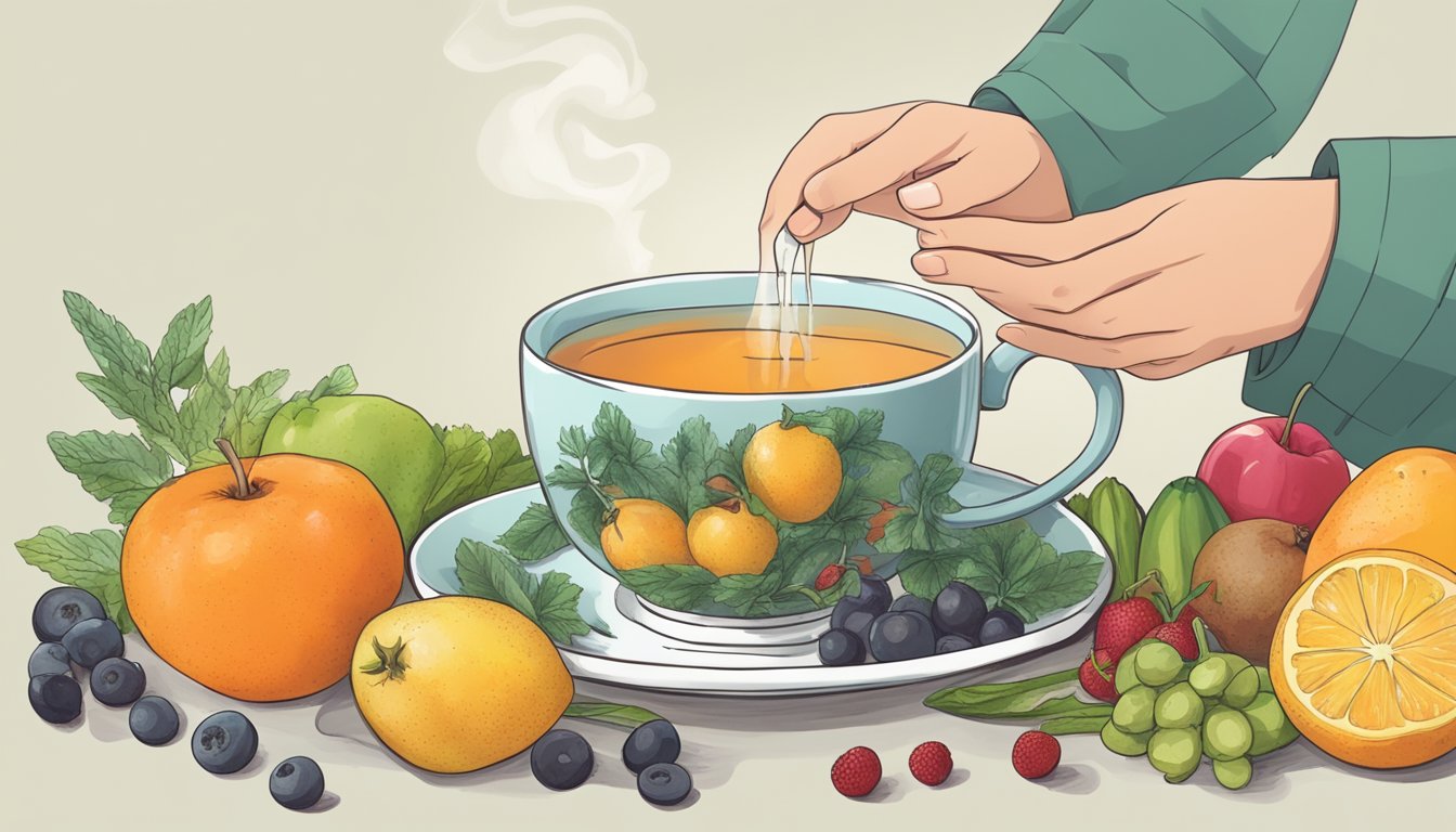 A person holding a cup of non-caffeinated herbal tea, surrounded by various fruits and vegetables