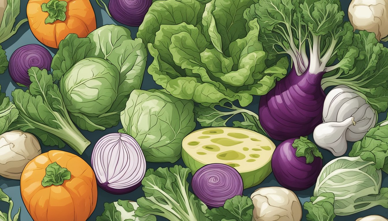 A colorful array of fresh kohlrabi, leafy greens, and diabetic-friendly ingredients arranged on a kitchen counter for meal preparation