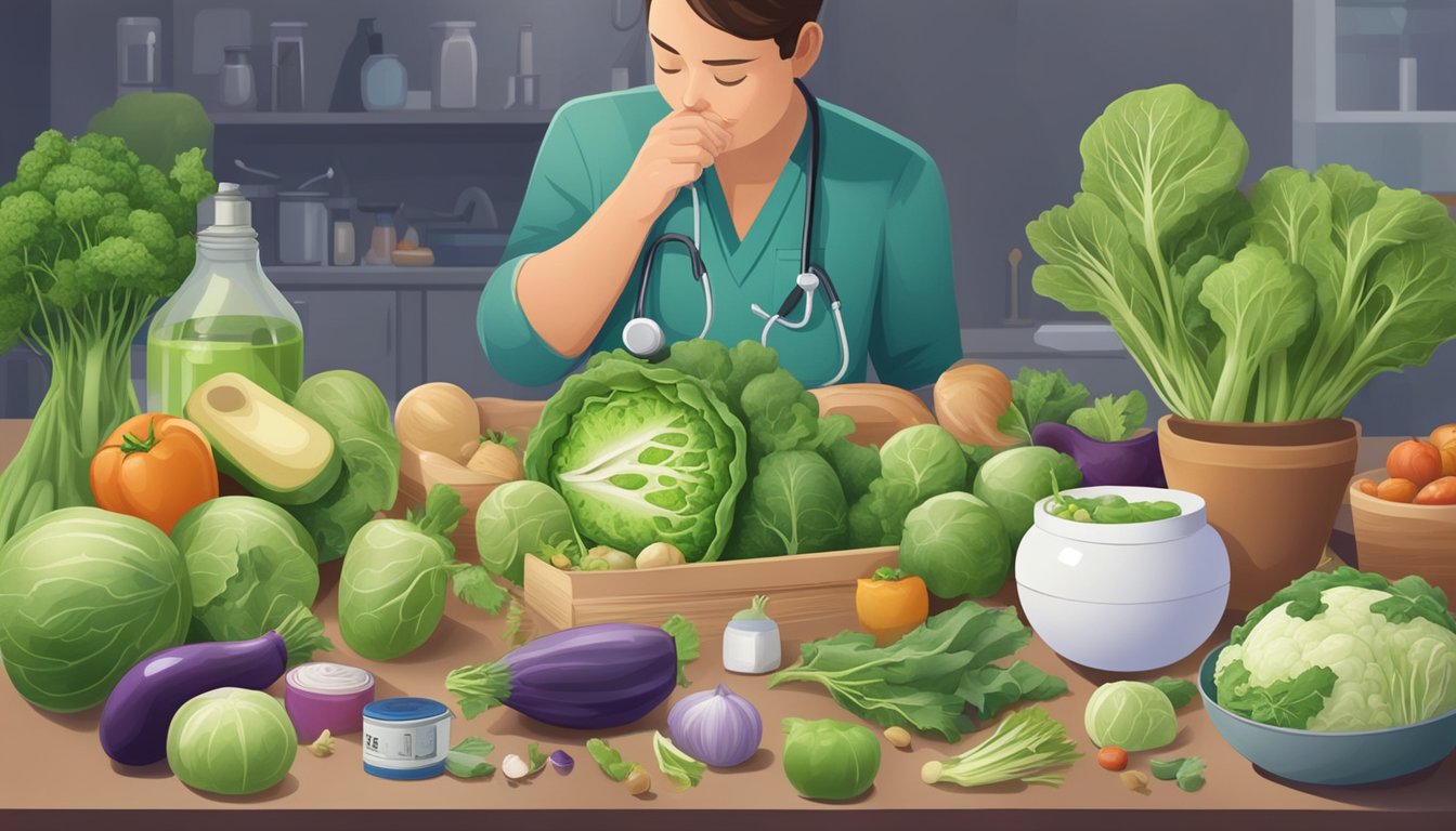 A diabetic person carefully examining a kohlrabi, surrounded by various food items and medical supplies