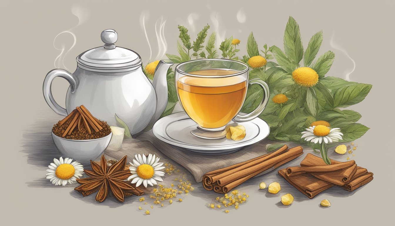 A table with various herbal tea ingredients such as chamomile, cinnamon, and ginger, with a steaming cup of non-caffeinated herbal tea in the foreground