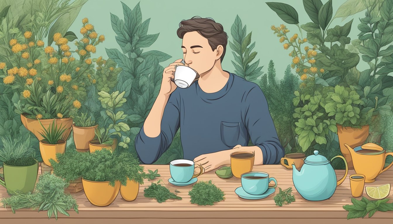 A person with diabetes sipping on a cup of non-caffeinated herbal tea, surrounded by various herbs and tea leaves