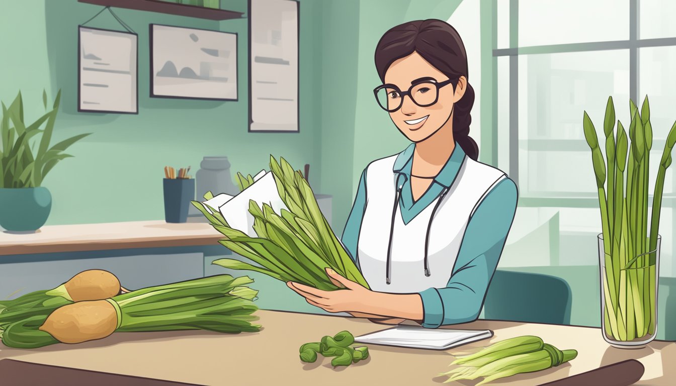 A dietician holding a bunch of leeks with a diabetes education pamphlet on a table