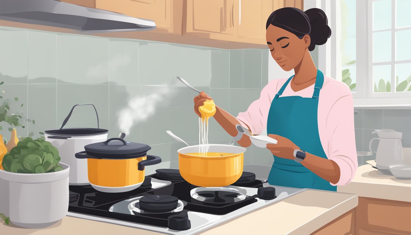 A person with diabetes pours instant gravy mix into a pot of boiling water on a stovetop, stirring it with a spoon