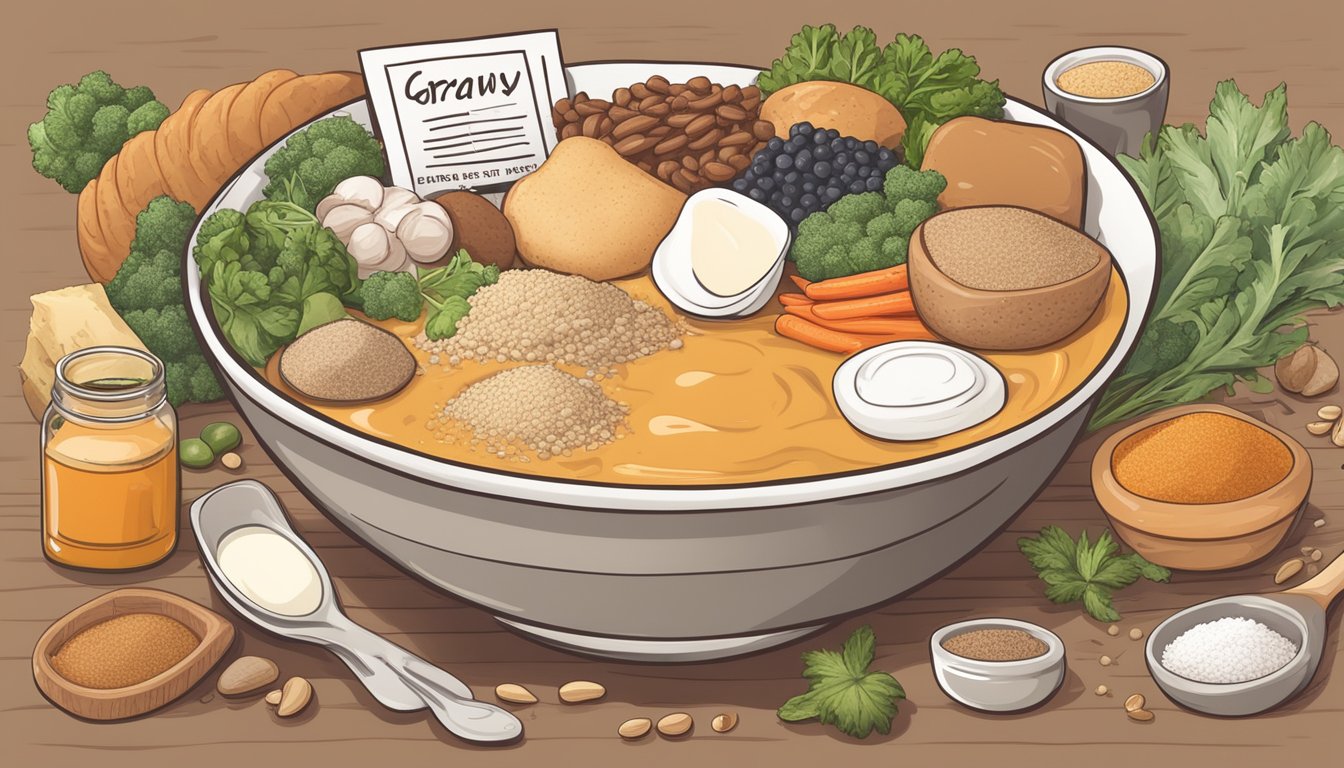 A bowl of instant gravy mix surrounded by various ingredients and a diabetes-friendly food label