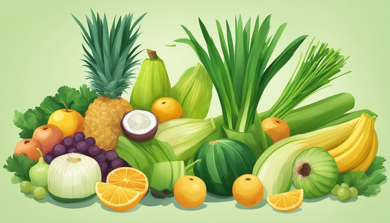 A variety of fruits arranged around a leek, symbolizing the inclusion of leeks in diabetes management