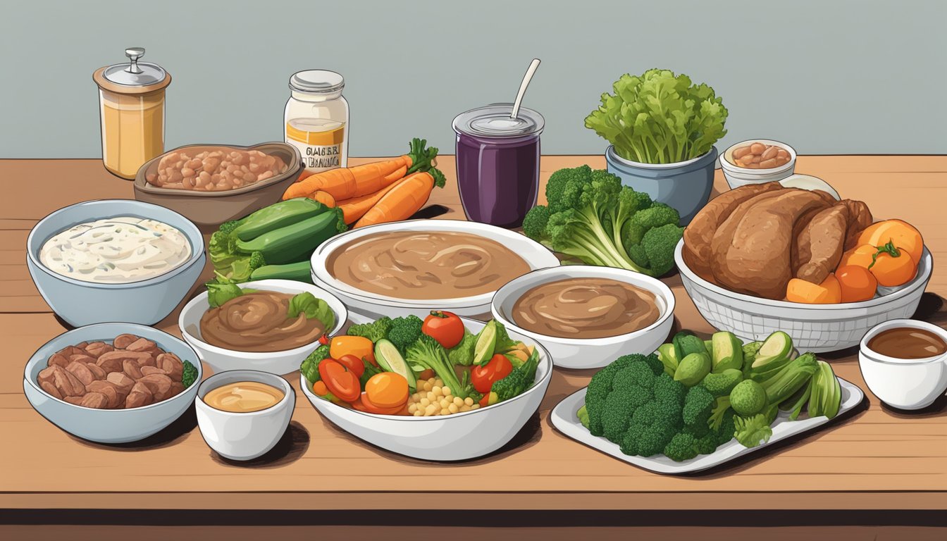 A table set with a variety of healthy food options, including vegetables, lean meats, and a bowl of instant gravy mix labeled "diabetic-friendly."