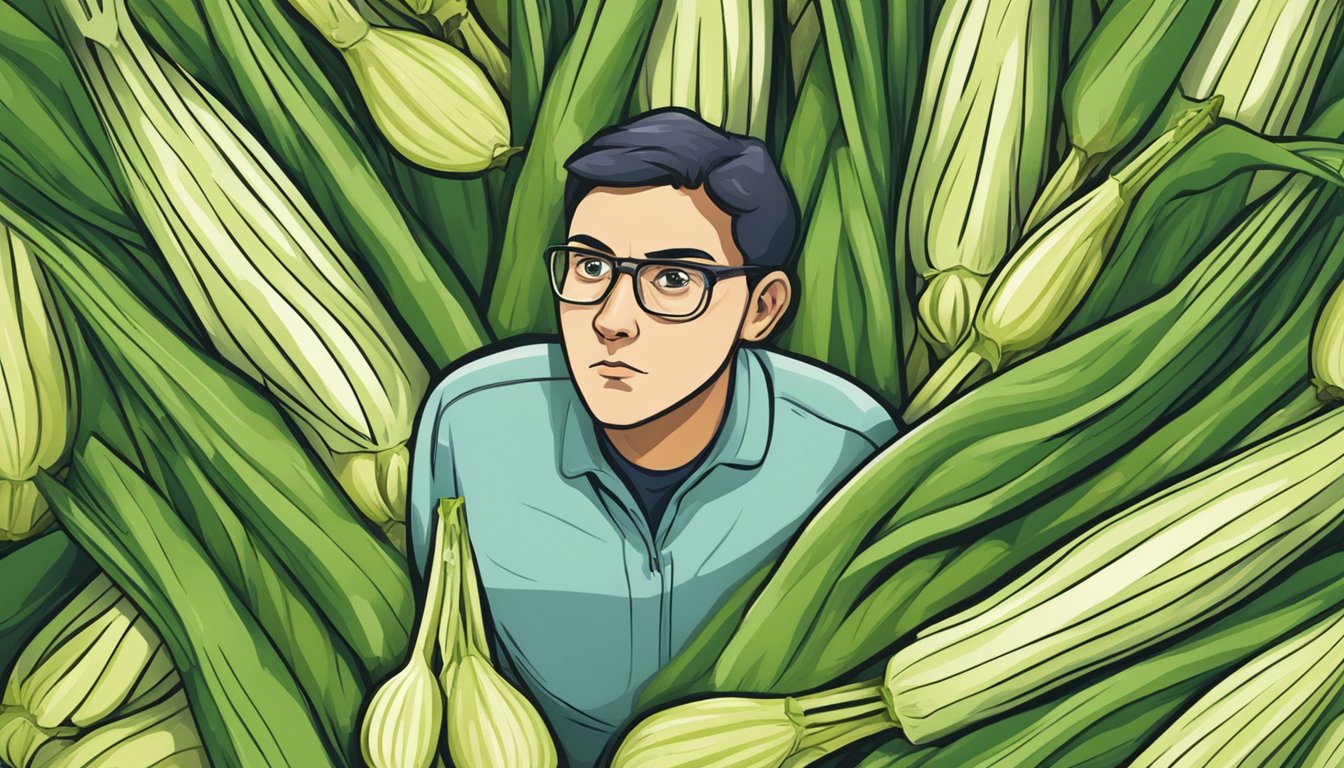 A person with diabetes surrounded by leeks, with a worried expression